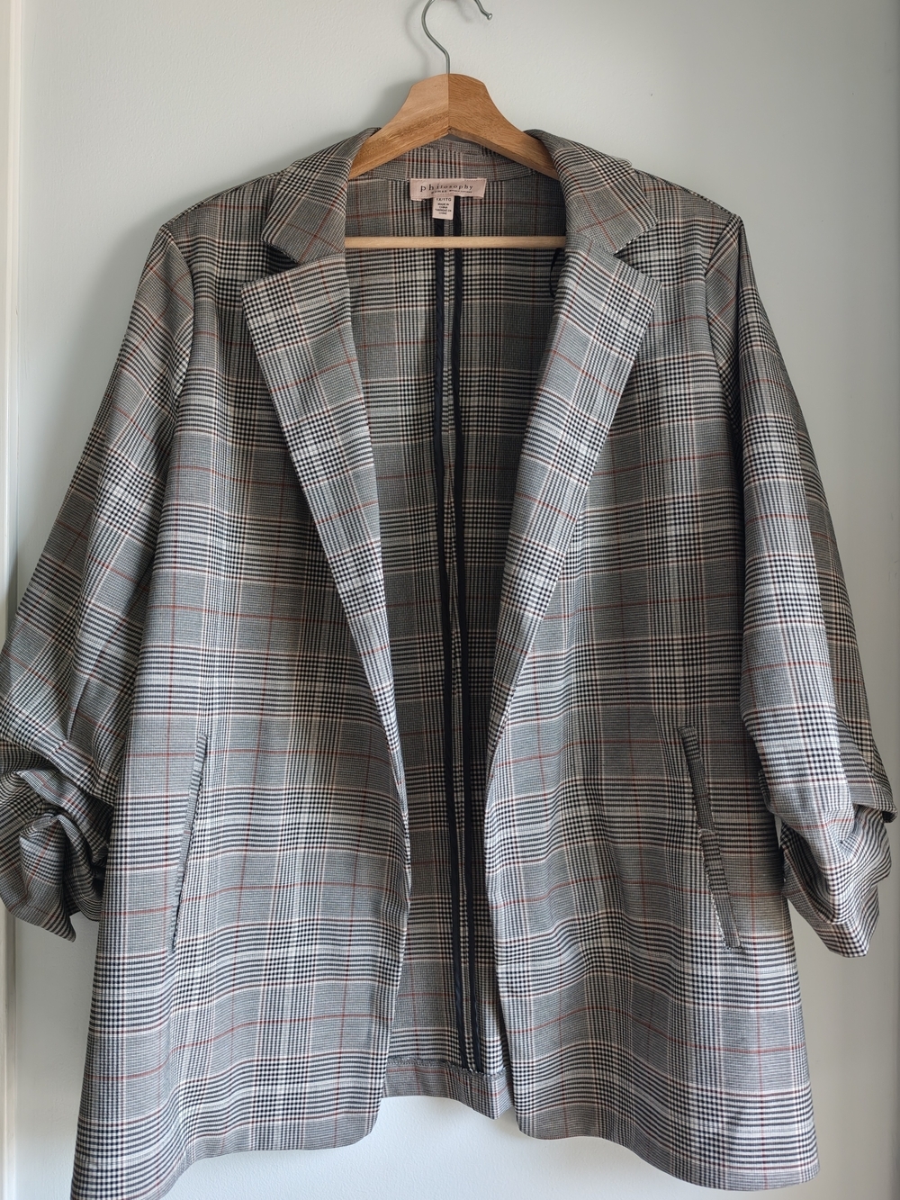 Philosophy Women's Plaid Open-Front Blazer with Subtle Red Windowpane Size 1X